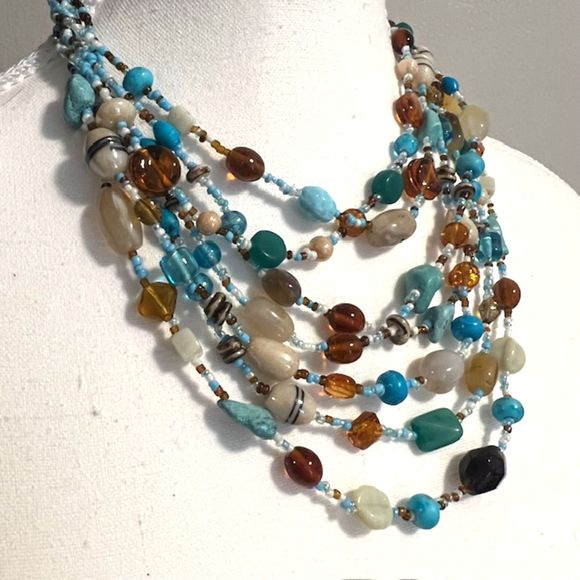 Multistrand Blue Multicolored Crystal Beads Statement Bib Necklace - Picture 2 of 8